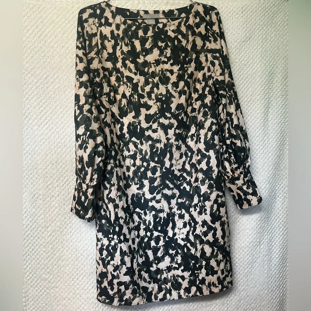 H&M Womens Shift Dress Black Green and Cream Patterned Long Sleeve Dress Small - Picture 1 of 11